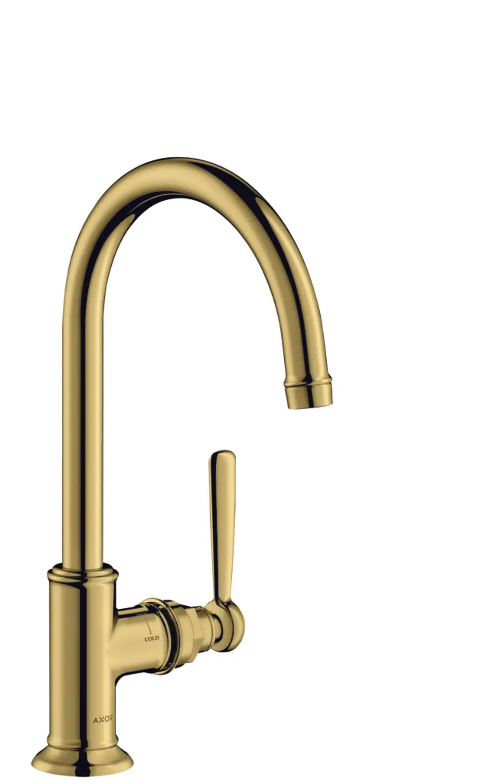 Küchenarmatur in Polished Gold Optic von AXOR. Hoher geschwungener Auslauf mit seitlichem Hebelgriff zur Regulierung von Wasserfluss und Temperatur.